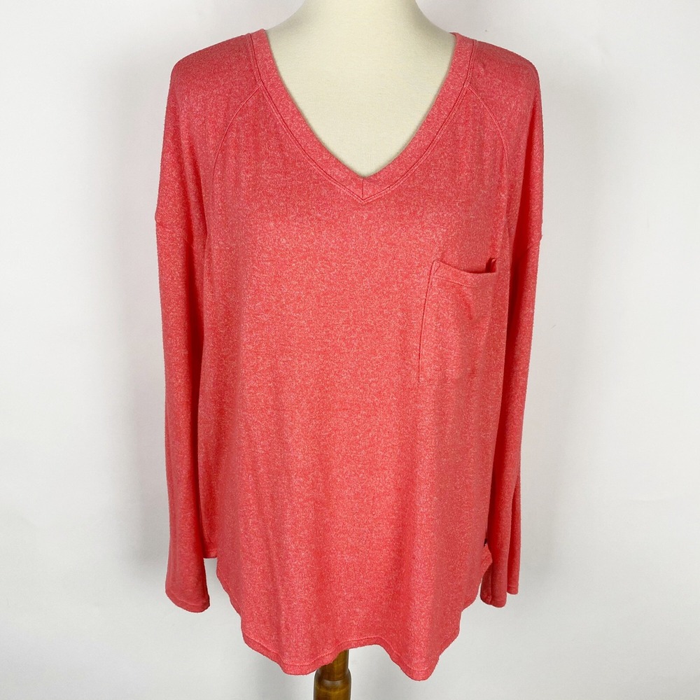 Calvin Klein V-Neck Pocket Heathered Knit Long Sleeve Top Womens M Oversized